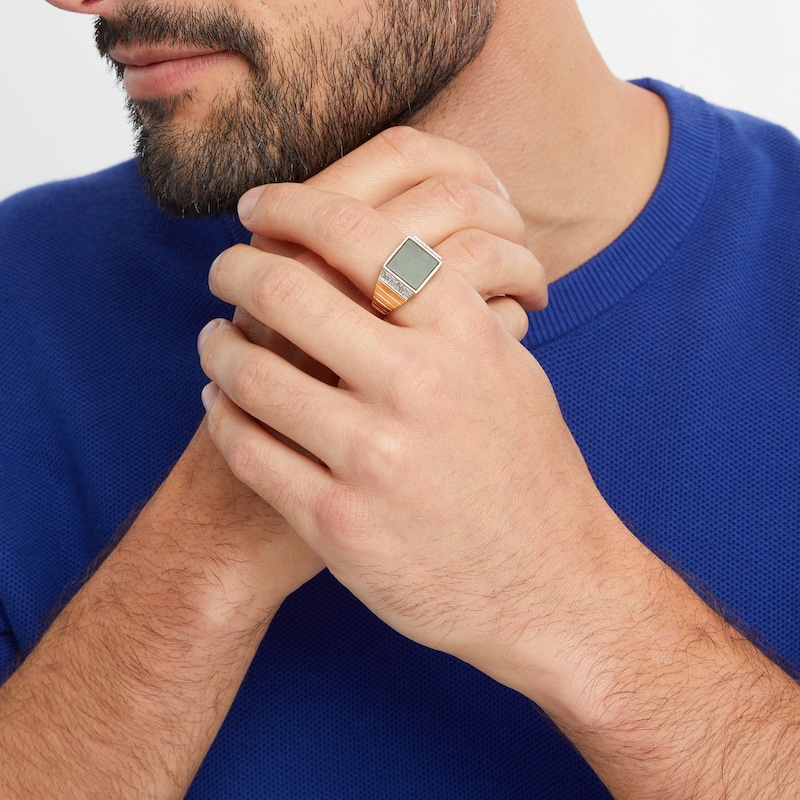 Main Image 2 of Men's 11.0mm Square-Cut Jade and 0.20 CT. T.W. Diamond Ring in 14K Gold