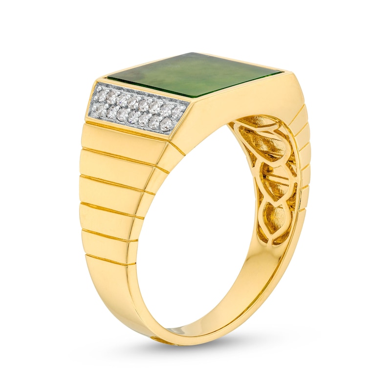 Main Image 3 of Men's 11.0mm Square-Cut Jade and 0.20 CT. T.W. Diamond Ring in 14K Gold