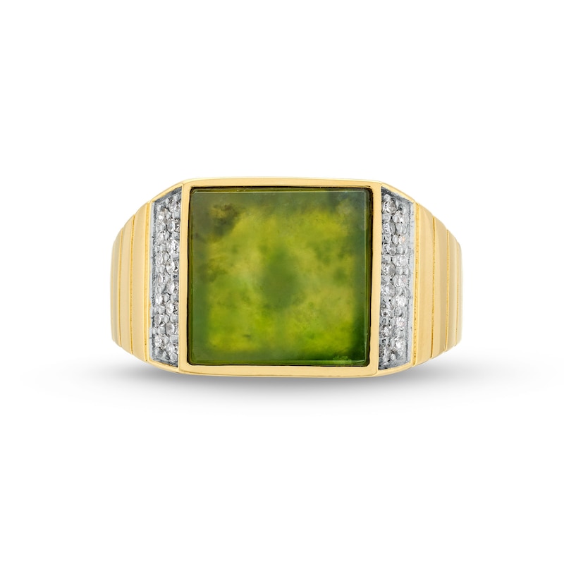 Main Image 4 of Men's 11.0mm Square-Cut Jade and 0.20 CT. T.W. Diamond Ring in 14K Gold