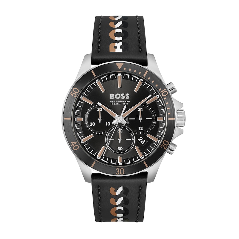 Men's Hugo Boss Troper Chronograph Leather Strap Watch with Black Dial and Brown Accent (Model: 1514121)|Peoples Jewellers