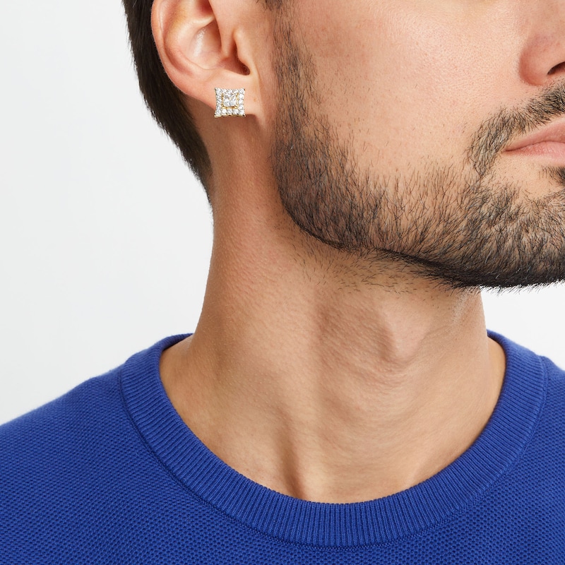 Main Image 2 of Men's 2.00 CT. T.W. Canadian Certified Diamond Concave Square Frame Stud Earrings in 14K Gold (I/I2
