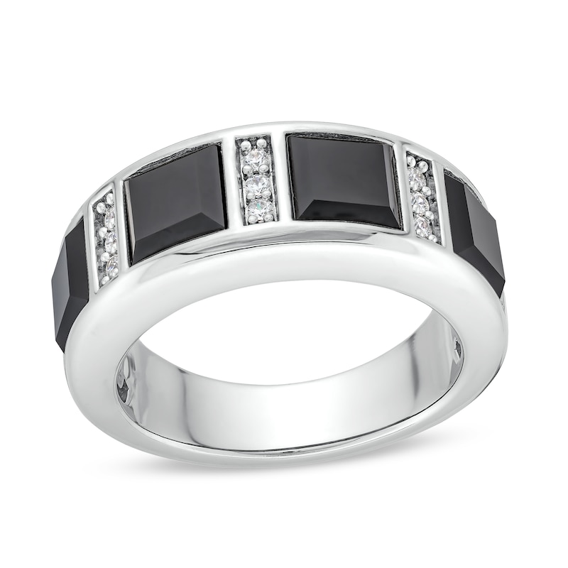 Men's Square-Cut Onyx and 0.15 CT. T.W. Diamond Linear Station Band in 10K White Gold|Peoples Jewellers