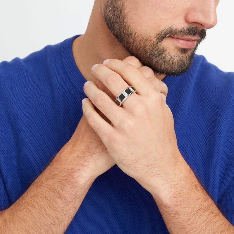 Main Image 2 of Men's Square-Cut Onyx and 0.15 CT. T.W. Diamond Linear Station Band in 10K White Gold