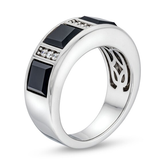 Men's Square-Cut Onyx and 0.15 CT. T.W. Diamond Linear Station Band in 10K White Gold