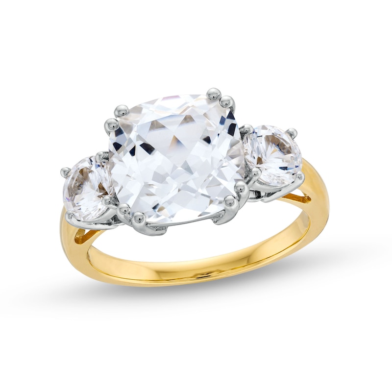 10.0mm Faceted Cushion-Cut White Lab-Created Sapphire Three Stone Ring in 10K Gold|Peoples Jewellers