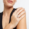 Thumbnail Image 2 of 10.0mm Faceted Cushion-Cut White Lab-Created Sapphire Three Stone Ring in 10K Gold and Sterling Silver