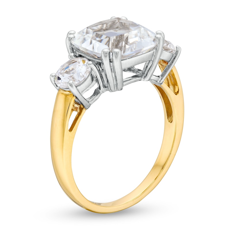 Main Image 3 of 10.0mm Faceted Cushion-Cut White Lab-Created Sapphire Three Stone Ring in 10K Gold and Sterling Silver