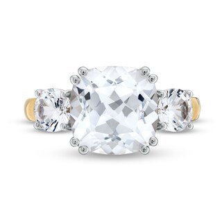 10.0mm Faceted Cushion-Cut White Lab-Created Sapphire Three Stone Ring in 10K Gold and Sterling Silver