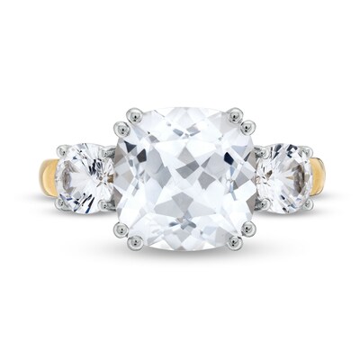 10.0mm Faceted Cushion-Cut White Lab-Created Sapphire Three Stone Ring in 10K Gold and Sterling Silver