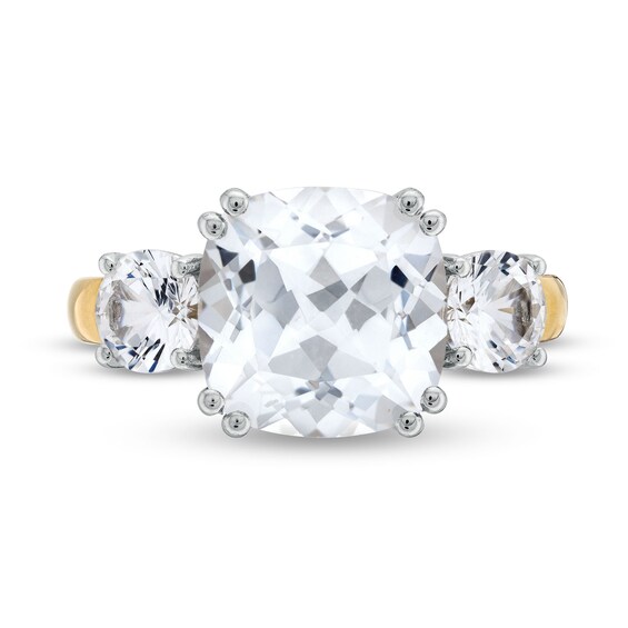 10.0mm Faceted Cushion-Cut White Lab-Created Sapphire Three Stone Ring in 10K Gold and Sterling Silver