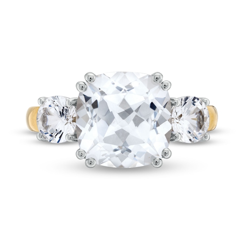 Main Image 4 of 10.0mm Faceted Cushion-Cut White Lab-Created Sapphire Three Stone Ring in 10K Gold and Sterling Silver
