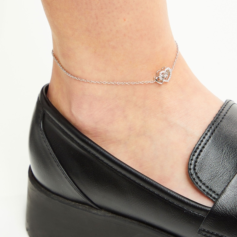 Main Image 2 of Unstoppable Love™ 0.085 CT. T.W. Diamond Interlocking Hearts Anklet in Sterling Silver - 10.0"