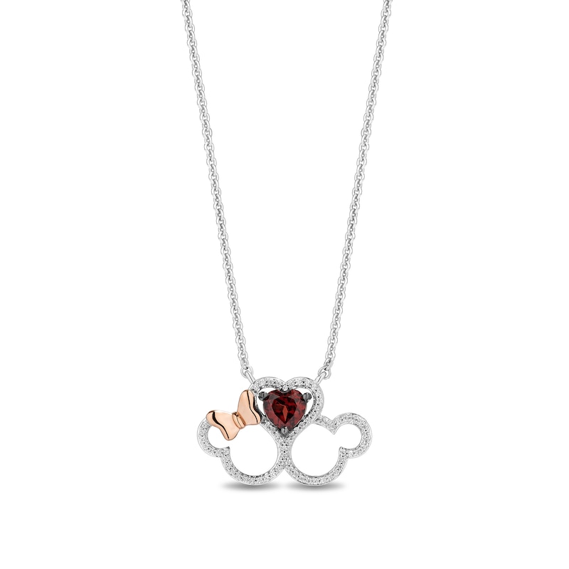 Disney Treasures Mickey and Minnie Garnet and 0.11 CT. T.W. Diamond Silhouettes Necklace in Sterling Silver and 10K Rose Gold|Peoples Jewellers