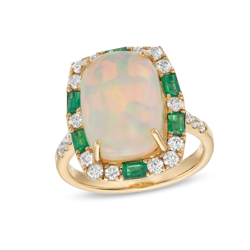 EFFY™ Collection Cushion Opal, Emerald and 0.45 CT. T.W. Diamond Frame Ring in 14K Gold|Peoples Jewellers