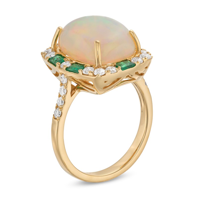 Main Image 3 of EFFY™ Collection Cushion Opal, Emerald and 0.45 CT. T.W. Diamond Frame Ring in 14K Gold