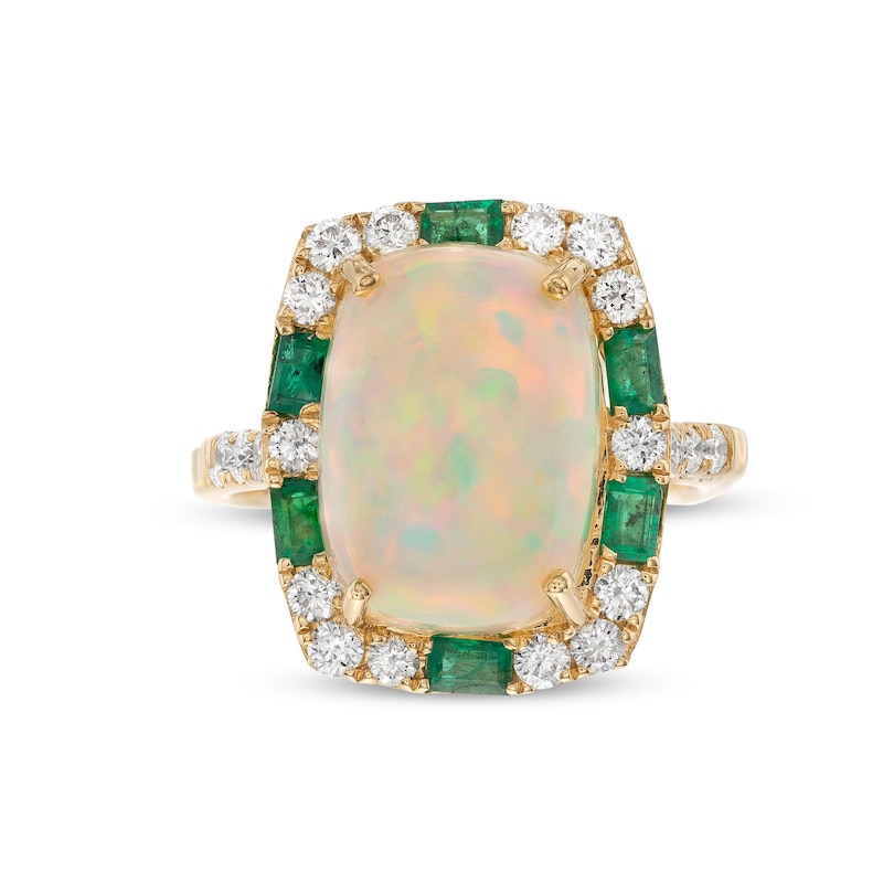 Main Image 4 of EFFY™ Collection Cushion Opal, Emerald and 0.45 CT. T.W. Diamond Frame Ring in 14K Gold