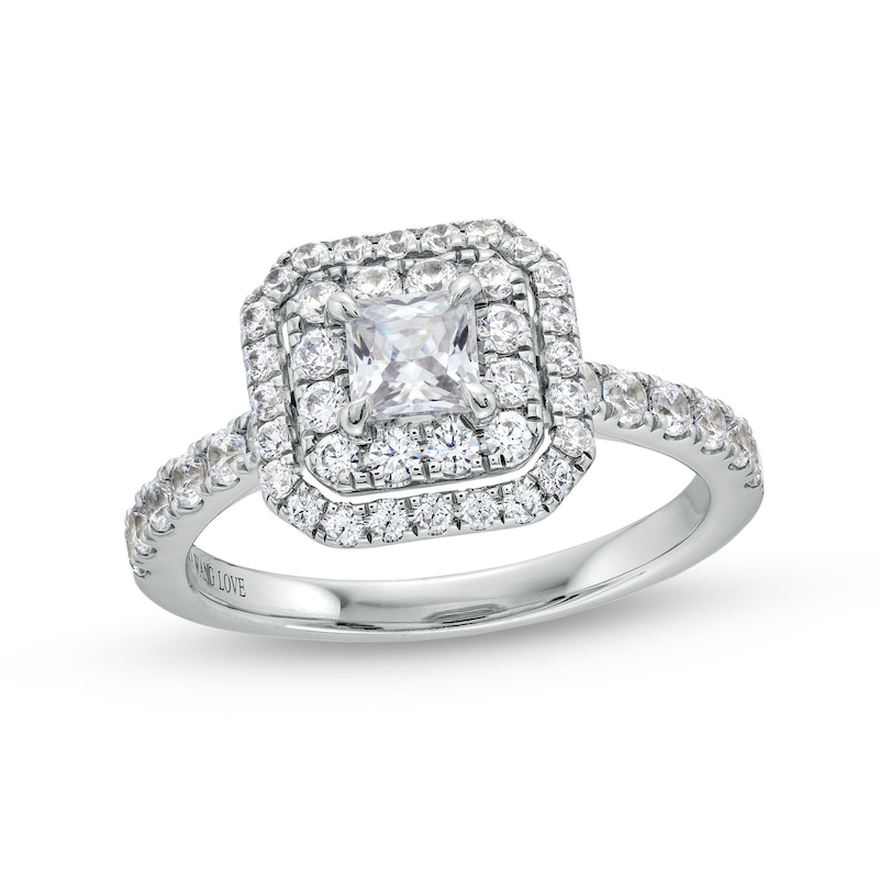 Main Image 1 of Vera Wang Love Collection 1.18 CT. T.W. Princess-Cut Diamond Cushion Frame Engagement Ring in 14K White Gold (I/SI2)