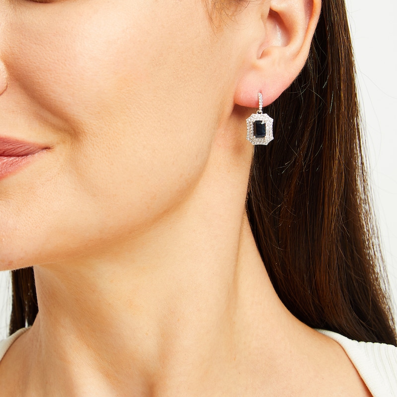 Main Image 2 of Black Sapphire and White Lab-Created Sapphire Drop Earrings in Sterling Silver