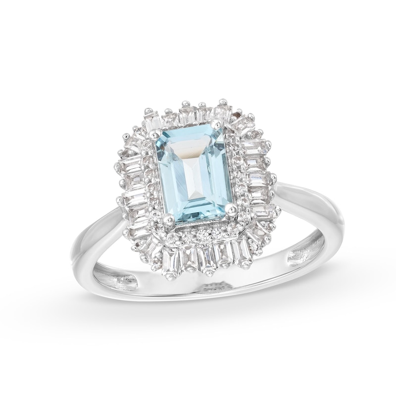 Emerald-Cut Aquamarine and White Lab-Created Sapphire Ring in Sterling Silver|Peoples Jewellers