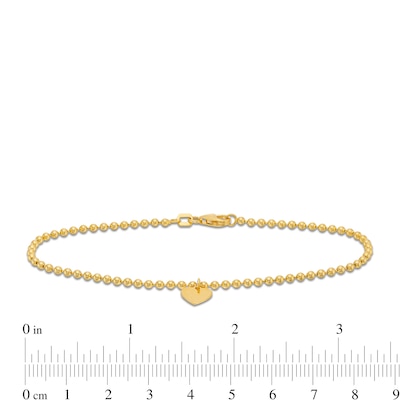2.0mm Bead Chain with Heart Dangle Bracelet in 10K Gold - 7.5"