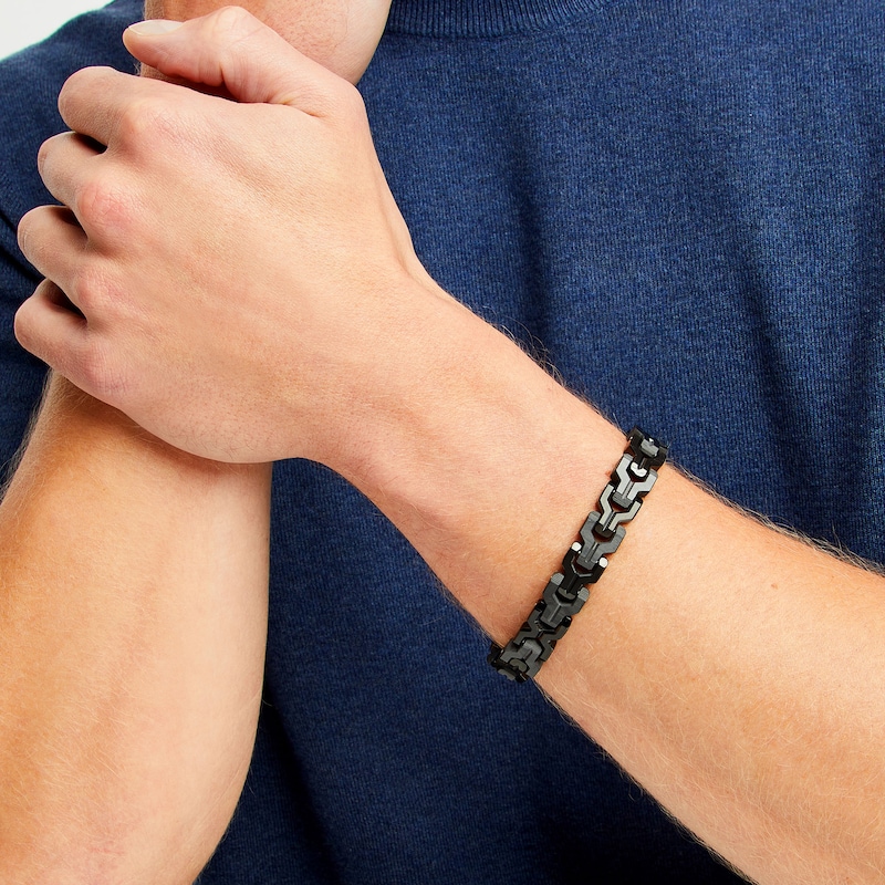 Main Image 2 of Men's Wrench Pattern Link Bracelet with Carbon Fibre Inlay in Stainless Steel with Black Ion-Plate - 8.75"