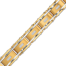 Men's 0.10 CT. T.W. Diamond Three Stone Station Link Bracelet in Stainless Steel and Yellow Ion-Plate - 8.5&quot;