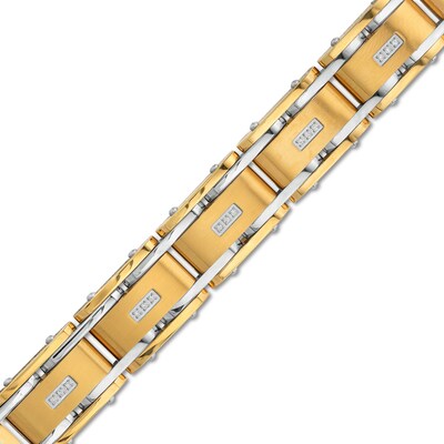Men's 0.10 CT. T.W. Diamond Three Stone Station Link Bracelet in Stainless Steel and Yellow Ion-Plate - 8.5"