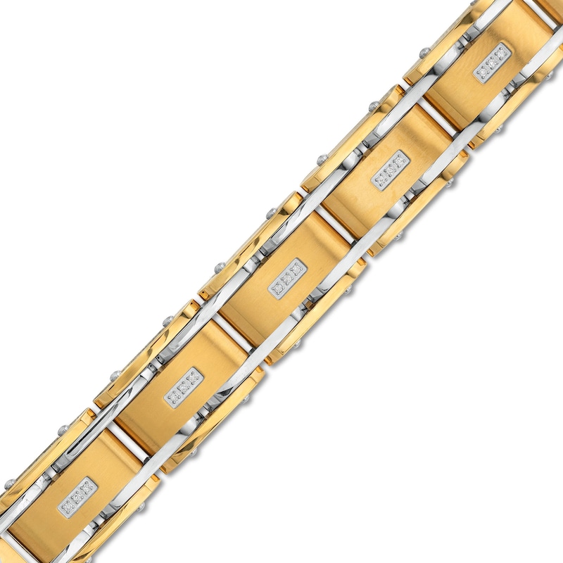 Men's 0.10 CT. T.W. Diamond Three Stone Station Link Bracelet in Stainless Steel and Yellow Ion-Plate - 8.5"