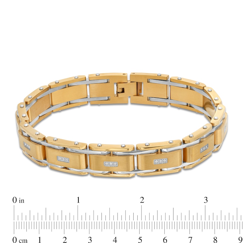 Men's 0.10 CT. T.W. Diamond Three Stone Station Link Bracelet in Stainless Steel and Yellow Ion-Plate - 8.5"