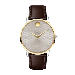 Men's Movado Museum® Classic Gold-Tone PVD Brown Strap Watch with Dotted Grey Dial (Model: 0607800)
