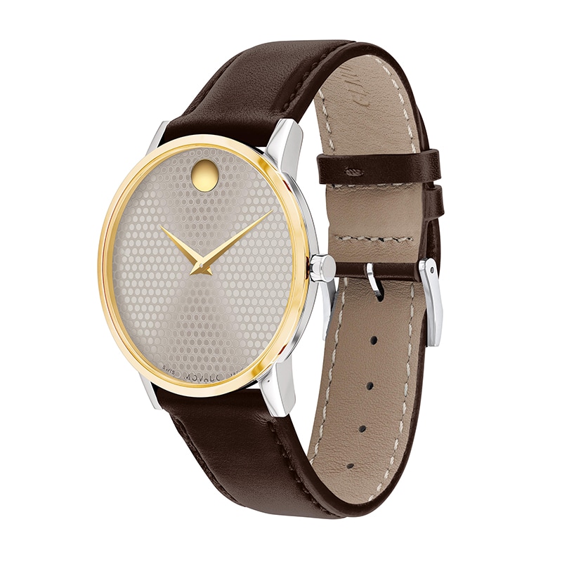 Men's Movado Museum® Classic Gold-Tone PVD Brown Strap Watch with Dotted Grey Dial (Model: 0607800)