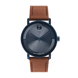Men's Movado Bold® Evolution Blue IP Brown Strap Watch with Textured Tonal Blue Dial (Model: 3601093)