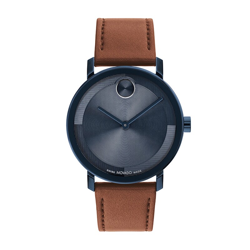 Men's Movado Bold® Evolution Blue IP Brown Strap Watch with Textured Tonal Blue Dial (Model: 3601093)