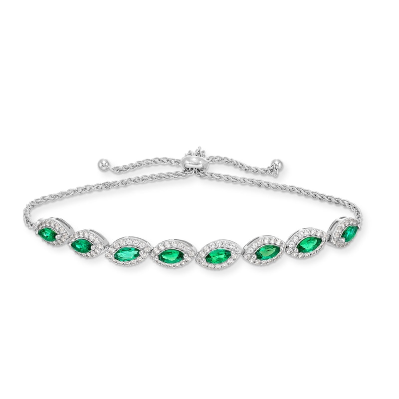 Main Image 1 of Marquise Lab-Created Emerald and Lab-Created White Sapphire Bolo Bracelet in Sterling Silver - 9.5"