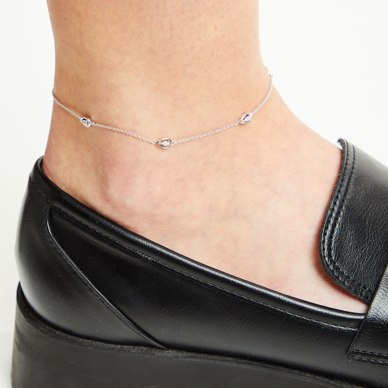 0.08 CT. T.W. Pear-Shaped Multi-Diamond Teardrop Station Anklet in Sterling Silver