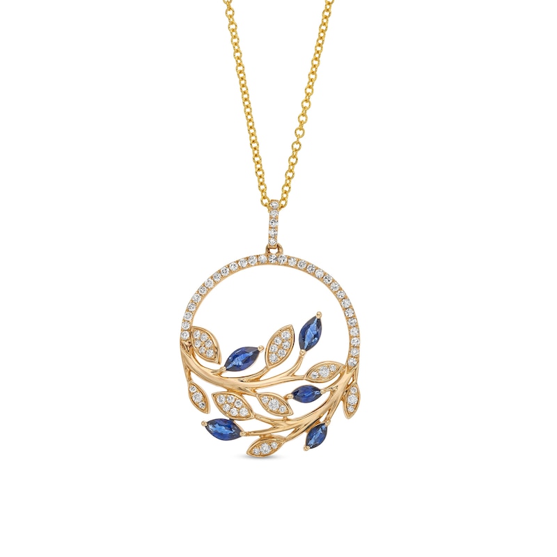 EFFY™ Collection Blue Sapphire and 0.29 CT. T.W. Diamond Leaves Pendant in 14K Gold|Peoples Jewellers