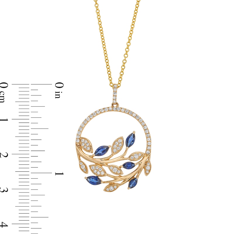 Main Image 4 of EFFY™ Collection Blue Sapphire and 0.29 CT. T.W. Diamond Leaves Pendant in 14K Gold