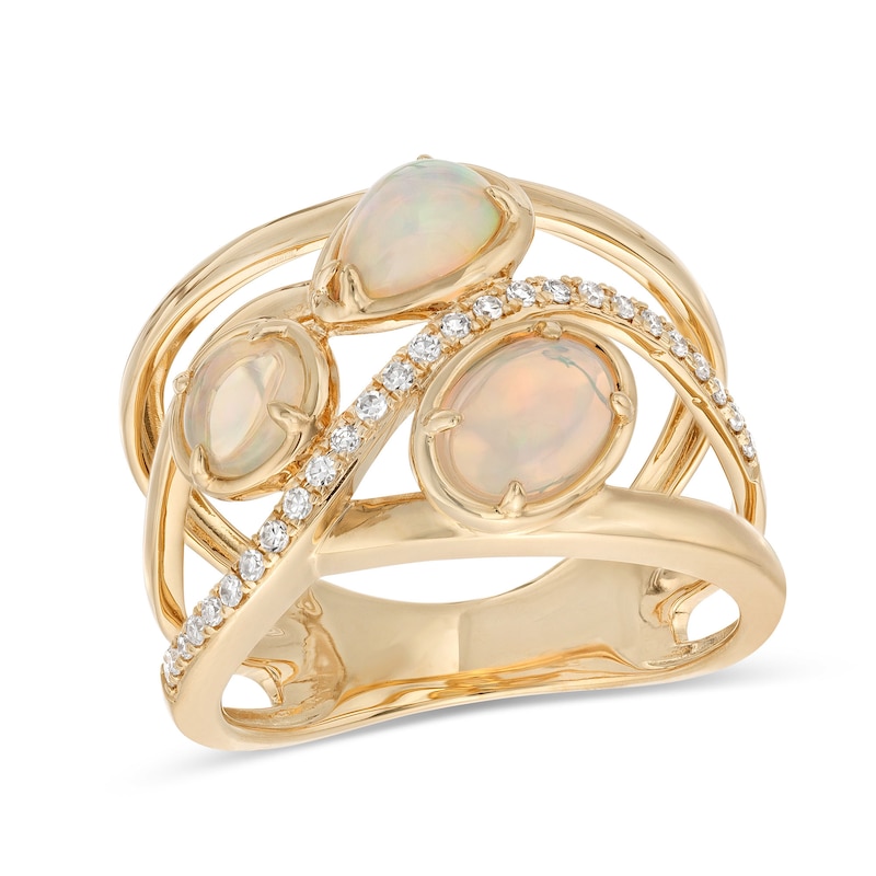 EFFY™ Collection Opal and 0.085 CT. T.W. Diamond Three Stone Ring in 14K Gold|Peoples Jewellers