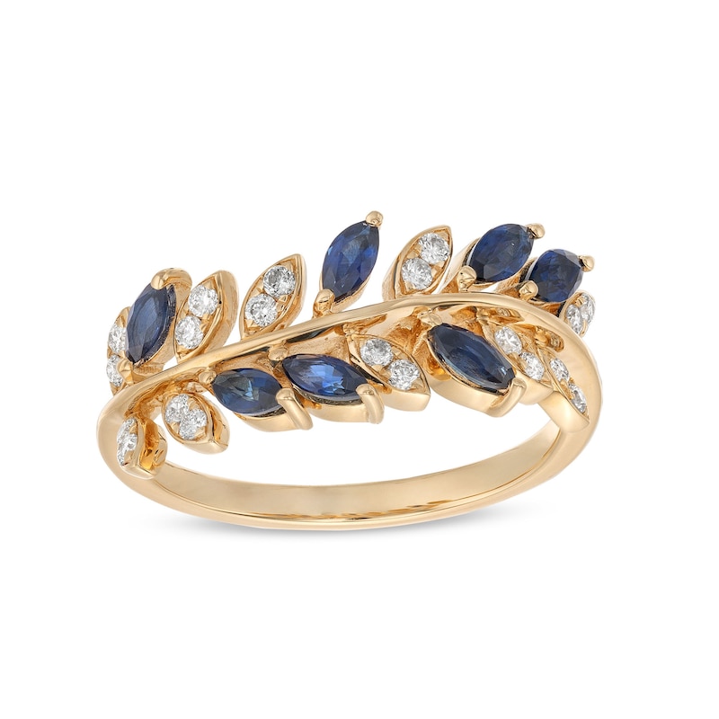 EFFY™ Collection Blue Sapphire and 0.18 CT. T.W. Diamond Leaves Ring in 14K Gold|Peoples Jewellers