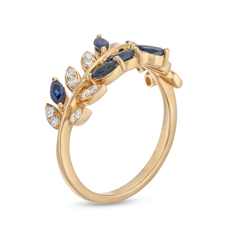 Main Image 3 of EFFY™ Collection Blue Sapphire and 0.18 CT. T.W. Diamond Leaves Ring in 14K Gold