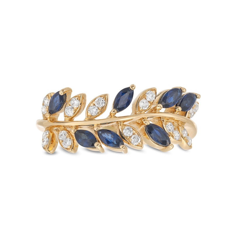 Main Image 4 of EFFY™ Collection Blue Sapphire and 0.18 CT. T.W. Diamond Leaves Ring in 14K Gold