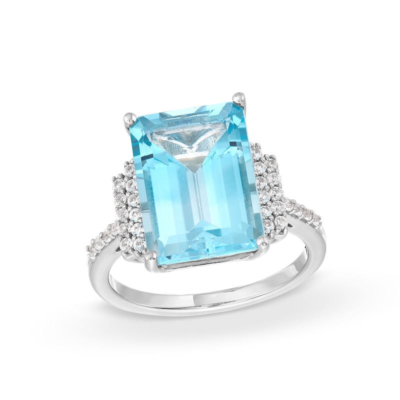 Emerald-Cut Blue Topaz and White Lab-Created Sapphire Ring in Sterling Silver|Peoples Jewellers