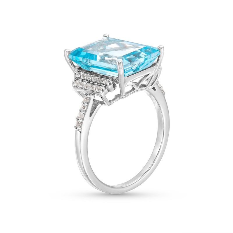 Main Image 3 of Emerald-Cut Blue Topaz and White Lab-Created Sapphire Ring in Sterling Silver