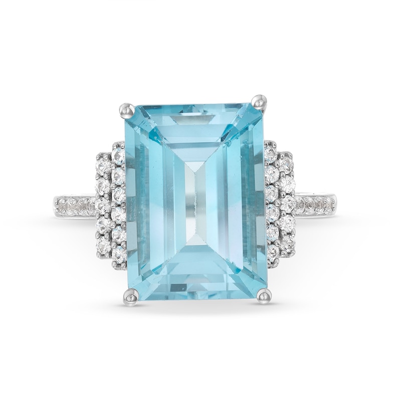 Main Image 4 of Emerald-Cut Blue Topaz and White Lab-Created Sapphire Ring in Sterling Silver