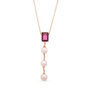 Emerald-Cut Rhodolite Garnet and 5.0mm Freshwater Cultured Pearl Drop Pendant in 10K Rose Gold