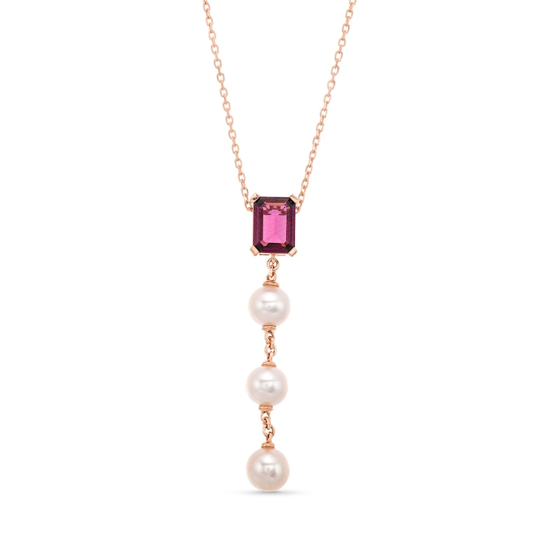 Emerald-Cut Rhodolite Garnet and 5.0mm Cultured Freshwater Pearl Drop Pendant in 10K Rose Gold