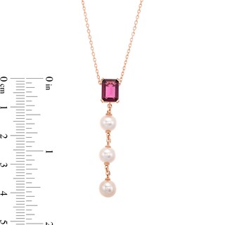 Emerald-Cut Rhodolite Garnet and 5.0mm Freshwater Cultured Pearl Drop Pendant in 10K Rose Gold