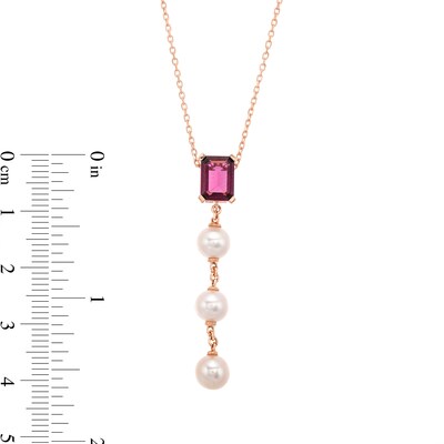 Emerald-Cut Rhodolite Garnet and 5.0mm Freshwater Cultured Pearl Drop Pendant in 10K Rose Gold