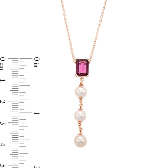 Emerald-Cut Rhodolite Garnet and 5.0mm Freshwater Cultured Pearl Drop Pendant in 10K Rose Gold
