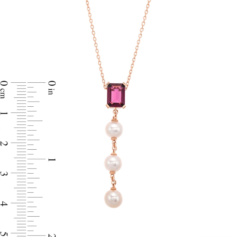 Emerald-Cut Rhodolite Garnet and 5.0mm Freshwater Cultured Pearl Drop Pendant in 10K Rose Gold